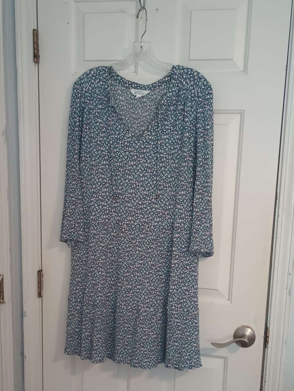 Market & Spruce Teal Floral Long Sleeve V-Neck Ruffle-Hem Dress